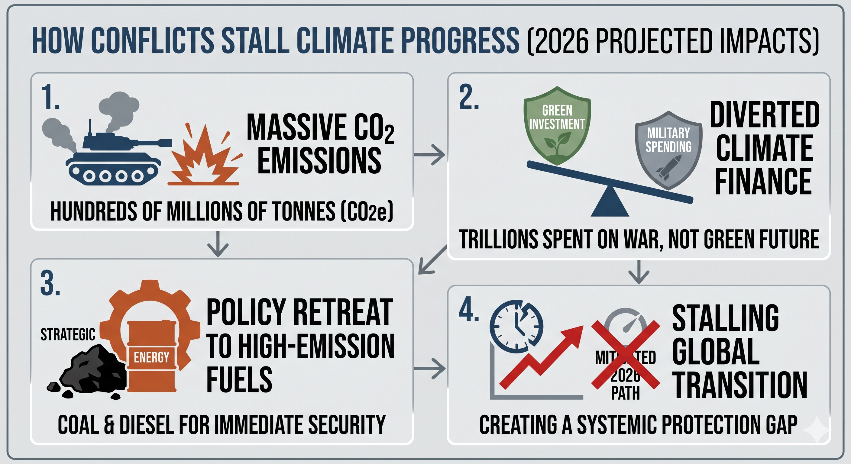 Diagram: How conflicts stall climate progress (2026 projected impacts)